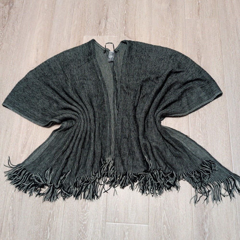 Vince Camuto Womens Gray Ribbed Knit Fringe Poncho‎ Wrap Open Front Shawl
